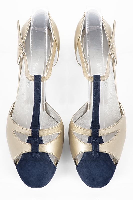 Navy blue and gold women's T-strap open side shoes. Round toe. Medium block heels. Top view - Florence KOOIJMAN